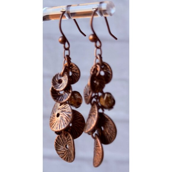 Vintage 1990s Chico’s Copper Medallion Cluster Dangle Earrings Amber Beads NOS - Picture 3 of 9
